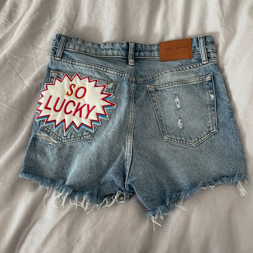 Lucky "So Lucky" Patch High Rise Cut Off Shorts